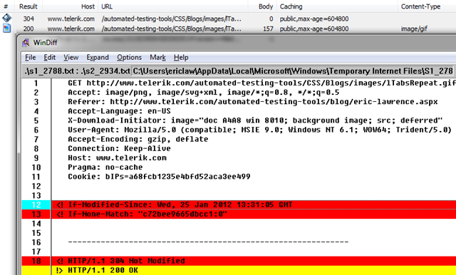 Screenshot of Windiff of conditional and unconditional requests