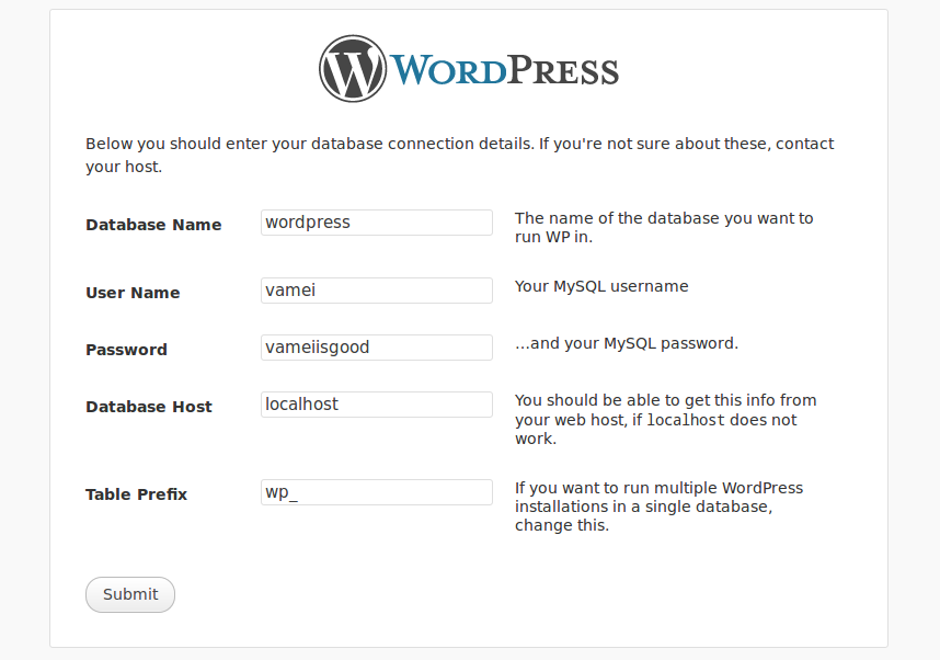 Name details. Database host WORDPRESS. WORDPRESS как написать префикс таблицы.