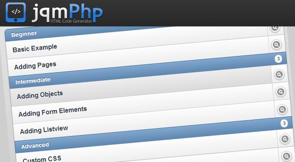 HTML生成jQuery Mobile框架：jqmPhp